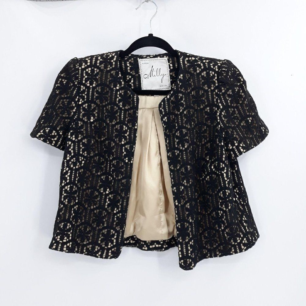 Milly Blazer Formal Short Sleeve Cape Floral Lace Overlay Open Cotton Blk Sz 10
